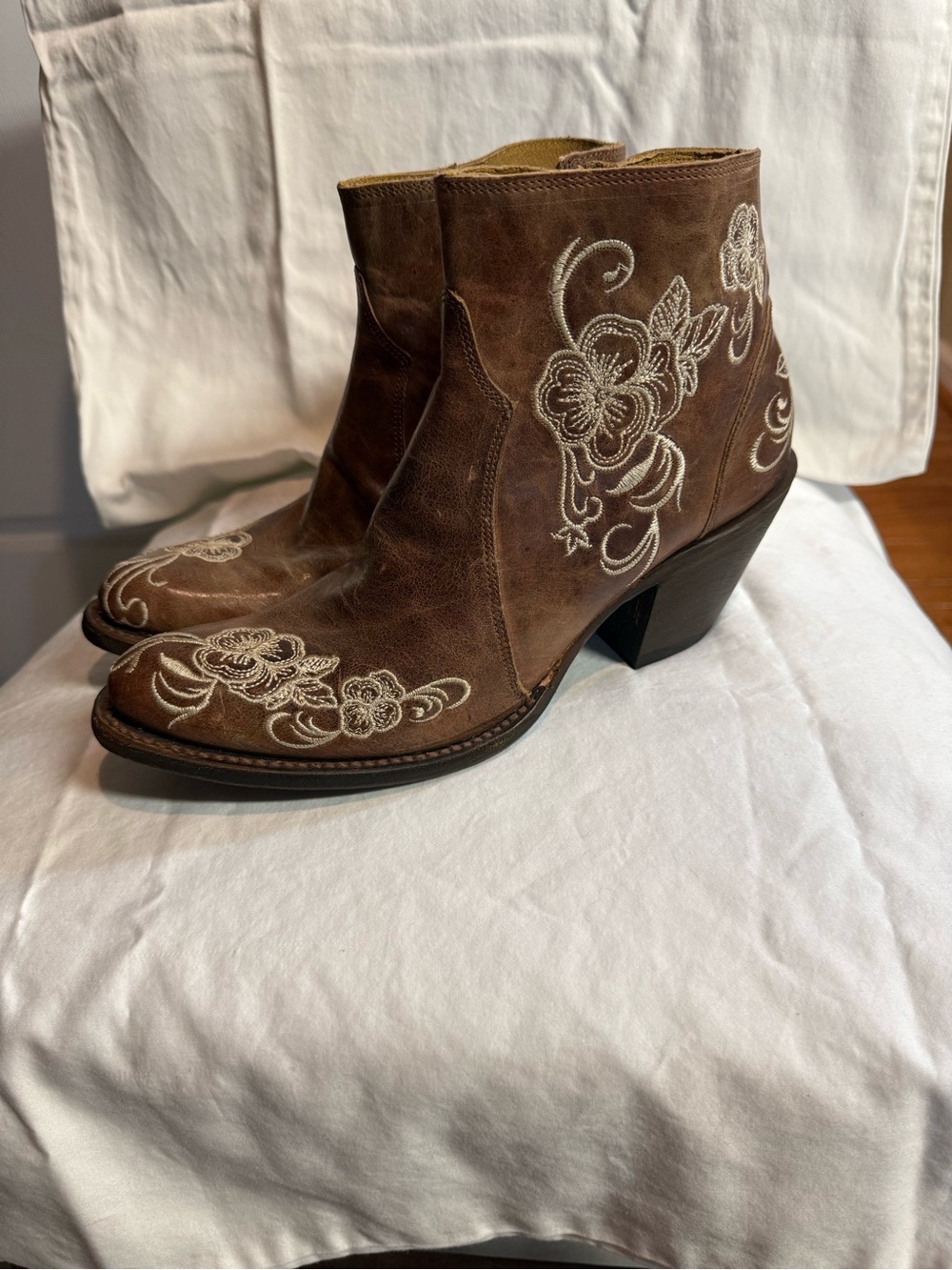 Shyanne Brown Ankle Boots with White Floral Embroidery
